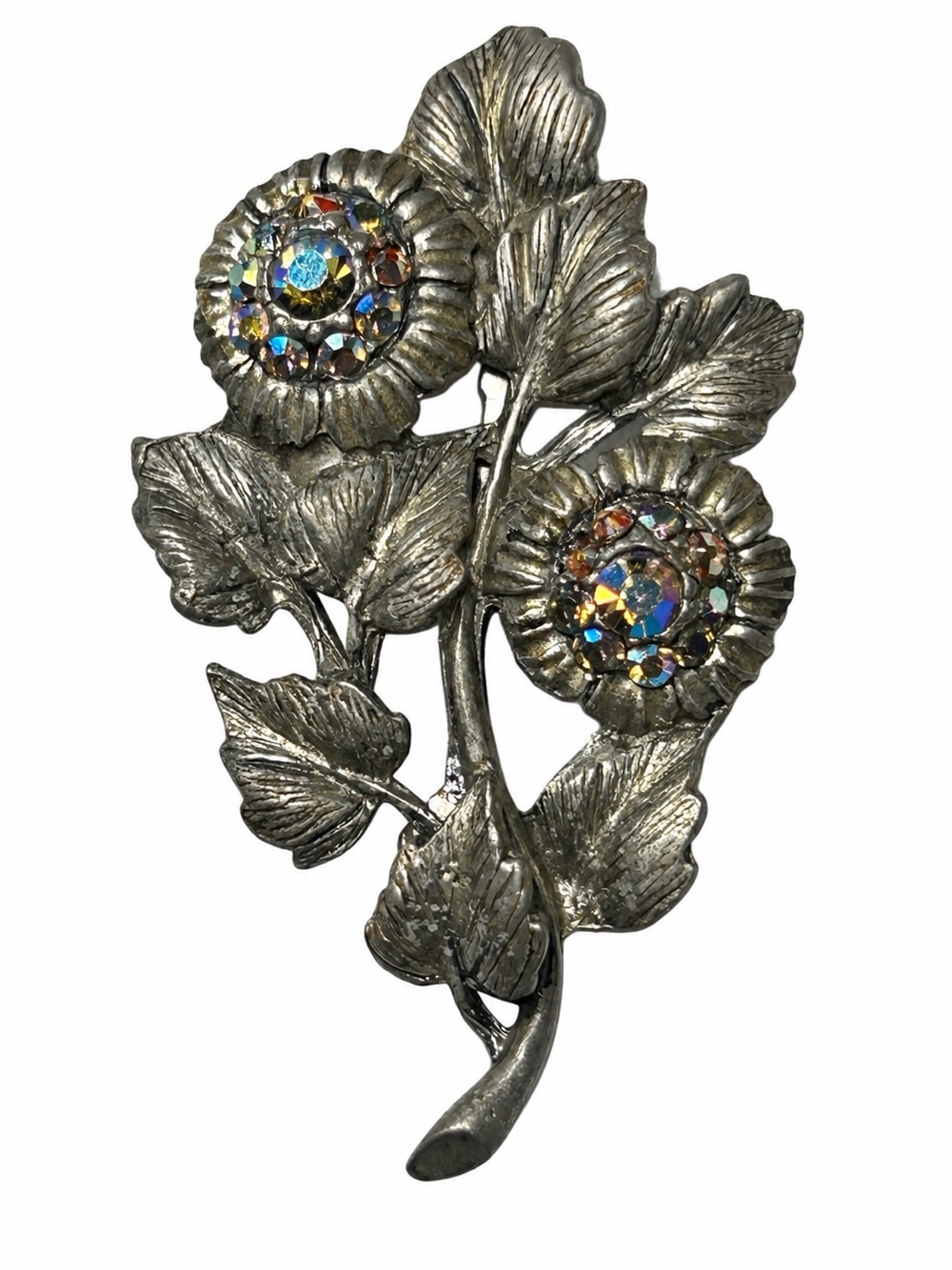 Vintage Aurora Borealis Rhinestone Floral Brooch – Silver Tone (1955–1965)